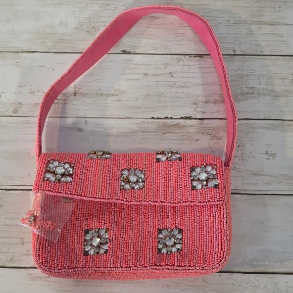 Anthropologie Handbags - Anthropologie Fiona Pink Beaded Bag Geometric Glam  NWOT *flaw